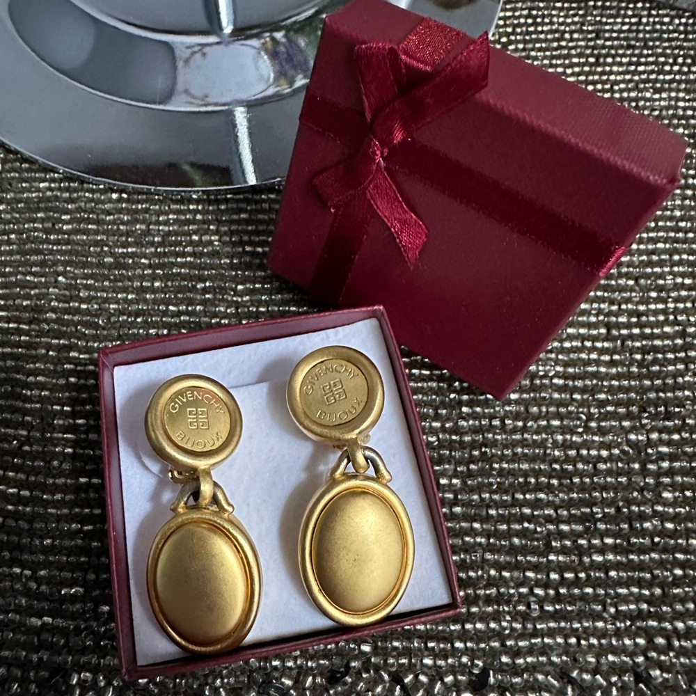 Vintage 80s Givenchy Bijoux Logo Brushed Gold Plated Door Knocker Earrings
